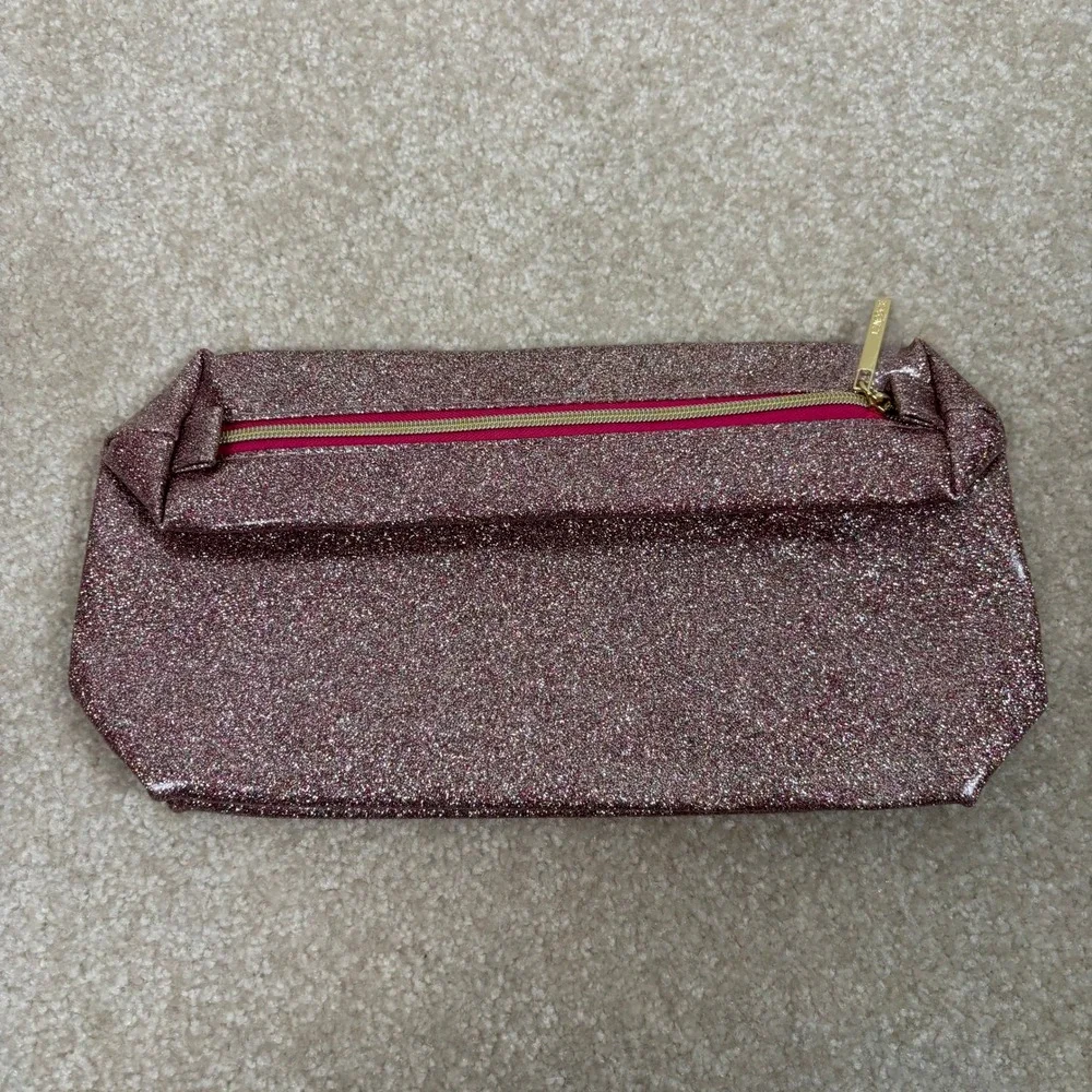 Lancome Glitter Cosmetic Bag Pouch Pink Rose Gold Zipper Makeup Organizer Travel